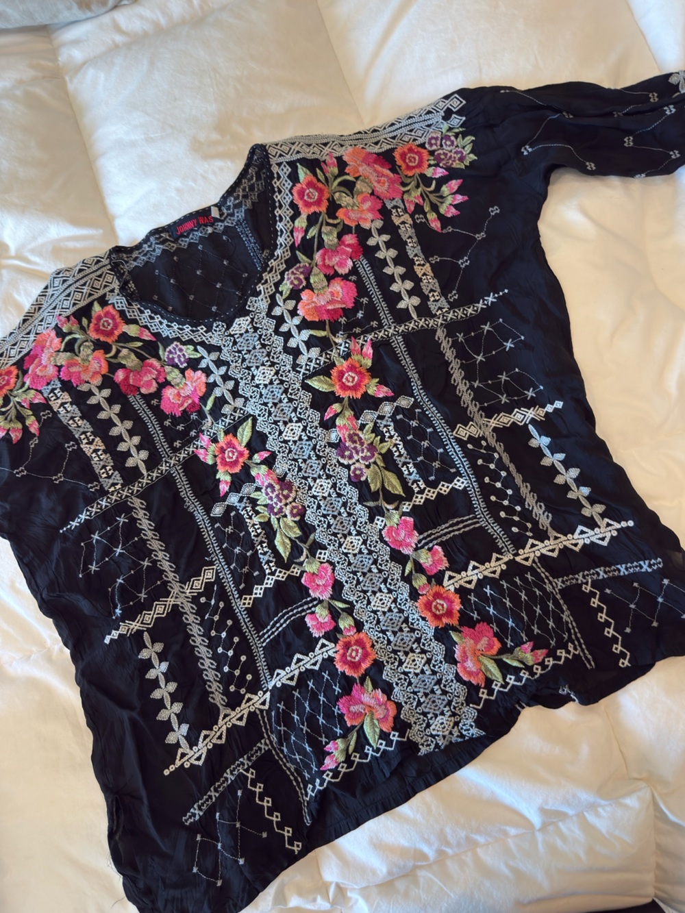Johnny Was Embroidered Black Floral Boho Top